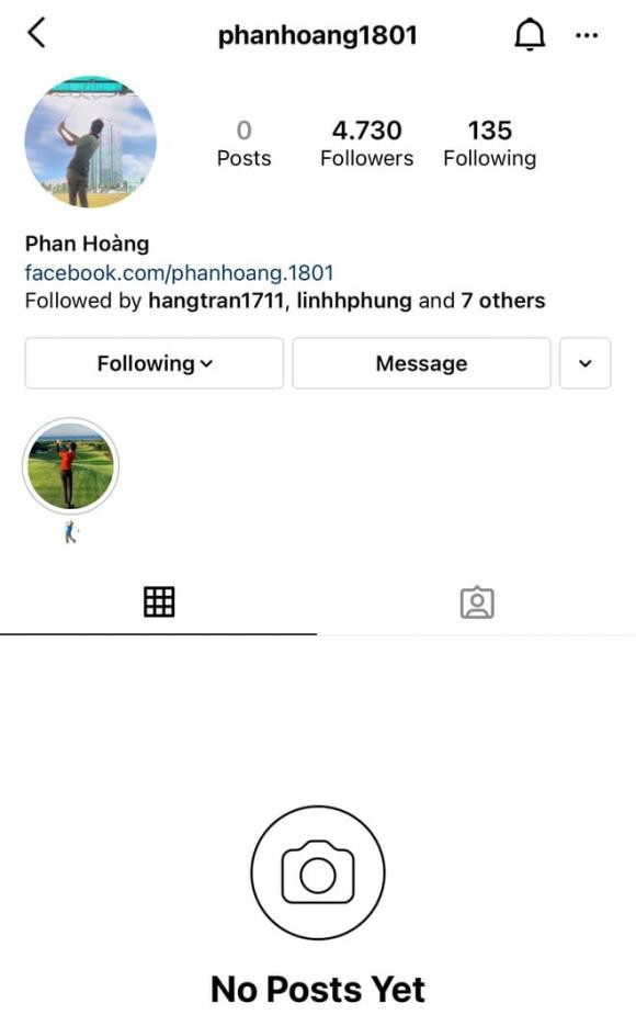 Ngoài ra, trang Instagram của Phan Hoàng đã xóa đi toàn bộ hình ảnh, trong đó có cả ảnh chụp lấp ló góc nghiêng của Khánh Linh. Ảnh: Chụp màn hình
