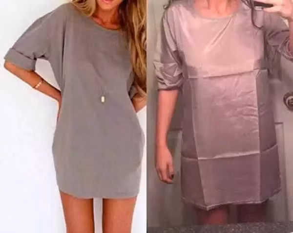 Có thể thấy chất vải giữa hình shop quảng cáo trên mạng và hình khách chụp lúc nhận được hàng hoàn toàn khác biệt. Ảnh: Tổng hợp