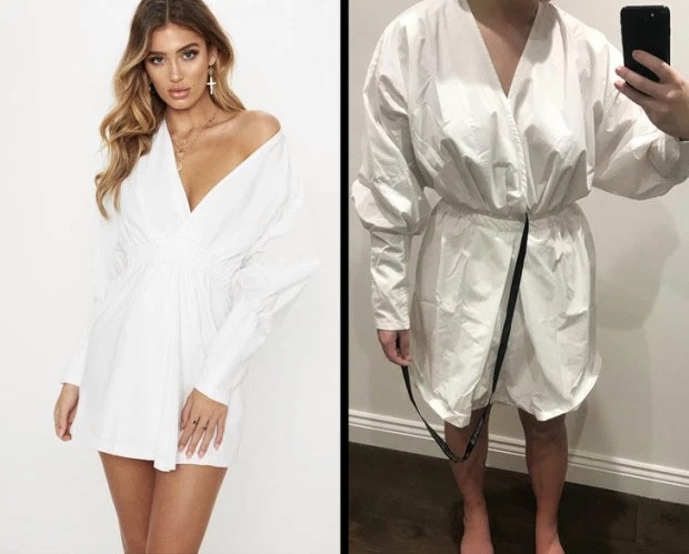 Tưởng đâu sẽ "tậu" được một chiếc váy trắng tinh với chi tiết bo chun tôn eo, vai hững hờ quyến rũ, cô gái trong ảnh vỡ mộng hoàn toàn khi mặc thử. Do vải kém chất lượng cùng những đường may thiếu tinh tế, thiết kế này bị so sánh với giẻ lau.