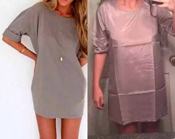 Có thể thấy chất vải giữa hình shop quảng cáo trên mạng và hình khách chụp lúc nhận được hàng hoàn toàn khác biệt. Ảnh: Tổng hợp