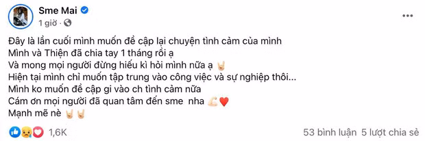 Yêu nhau chưa được bao lâu thì mới đây, nàng hot girl sở hữu vòng eo con kiến - Sme Mai bất ngờ thông báo trên trang cá nhân đã chia tay Việt Thiện 1 tháng làm dân tình không khỏi bất ngờ.