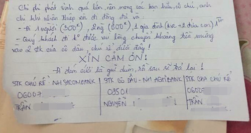 Chú rể đã cẩn thận đến mức đính kèm chi phí tổ chức đám cưới trên thiệp cưới để nhắc nhở những vị khách việc đừng quên tiền mừng.