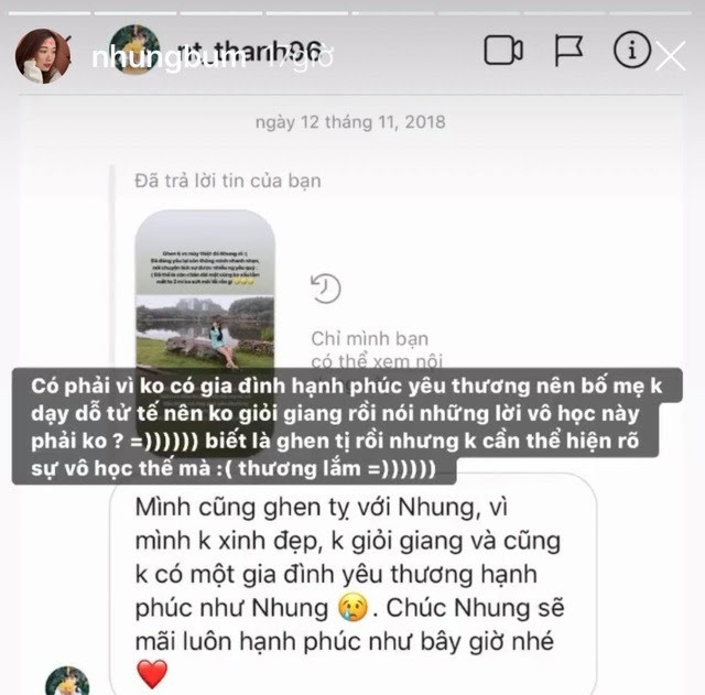 Dưới mỗi bức ảnh gợi cảm được của Nhung Bum đăng tải, antifan liên tục có lời lẽ khiếm nhã hoặc công kích. Bức xúc vì liên tục bị làm phiền, Nhung Bum đã đáp trả rất gay gắt. Cô viết: "Đăng tiếp ảnh sexy cho tức chơi nè... Ước gì giỏi giang để tự xin việc, có việc làm kiếm được tiền để không rảnh rỗi đi sân si với người khác nhờ". Ảnh: Tổng hợp Internet