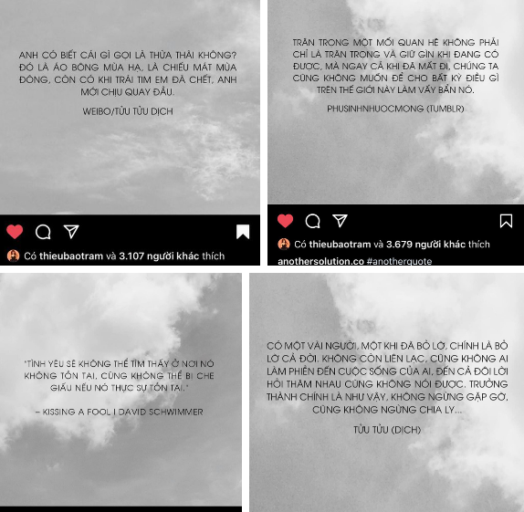 Cụ thể, Thiều Bảo Trâm đã liên tục ấn like vào nhiều câu như thể hiện sự đồng cảm với những câu nói bị phản bội, buông bỏ tình cảm, cô đơn,... Động thái của Thiều Bảo Trâm được netizen cho rằng giống với những người đang thất tình.