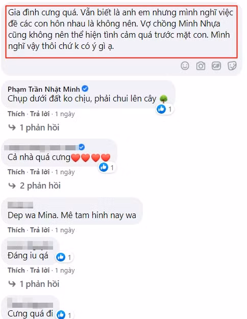 Bên cạnh lời khen về khoảnh khắc gia đình ngọt ngào, cư dân mạng lại cho rằng dù là anh em ruột thịt nhưng việc vợ chồng Minh Nhựa để các con "khóa môi" nhau là điều không nên. Ảnh chụp màn hình