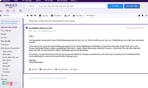 Người dùng sẽ nhận được email xác nhận yêu cầu và sẽ thông báo khi nào tệp tin dữ liệu sẵn sàng để tải xuống.