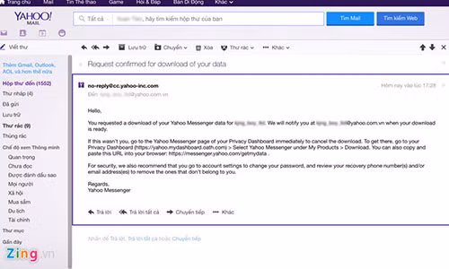 Người dùng sẽ nhận được email xác nhận yêu cầu và sẽ thông báo khi nào tệp tin dữ liệu sẵn sàng để tải xuống.