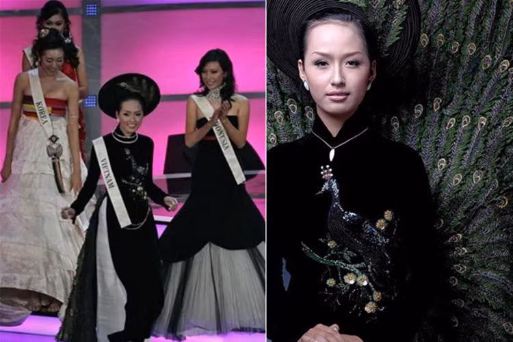 Ngoài ra, thiếu trang phục dạ hội nên trong chung kết, Mai Phương Thúy phải sử dụng lại bộ áo dài màu đen trình diễn ở phần thi Trang phục dân tộc. Ảnh: Zing