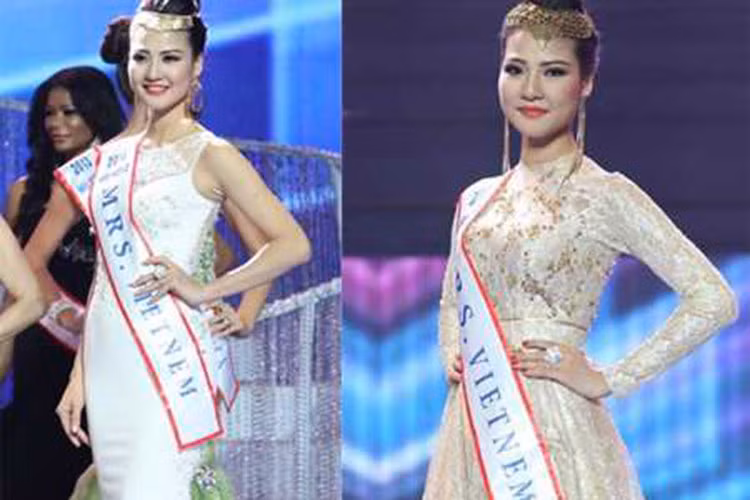 Năm 2013, Trần Thị Quỳnh đeo dải băng ghi sai tên quốc gia trong suốt đêm chung kết cuộc thi Mrs World gây ồn ào dư luận. Ảnh: VTC