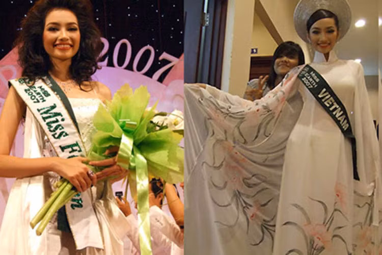 Ở cuộc thi Hoa hậu Trái đất 2007, Trúc Diễm cũng gặp không ít sự cố. Điển hình, váy của cô bị thí sinh khác làm rơi nên bị bẩn khiến cô hì hụi loại bỏ vết bẩn ngay sát giờ thi. Ảnh: Danviet