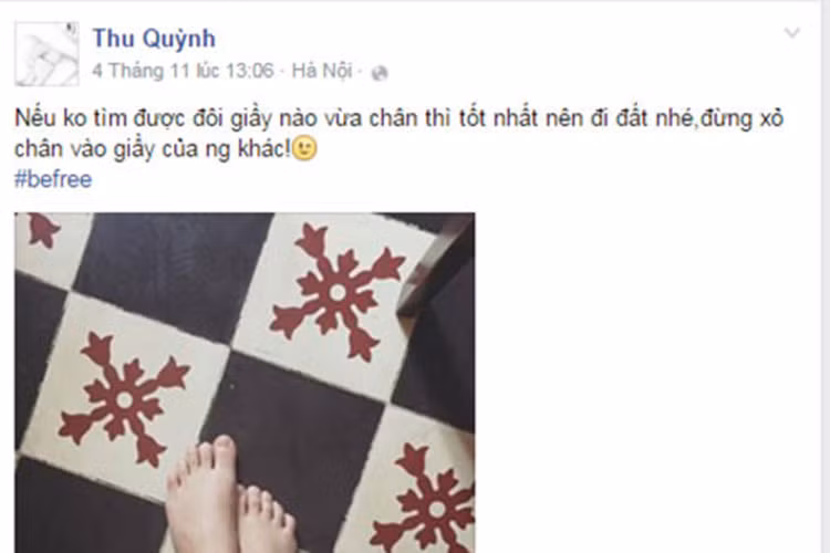 Chia sẻ hình ảnh đôi chân trần, Thu Quỳnh đã nói bóng gió chuyện đôi giầy. Ảnh: FBNV