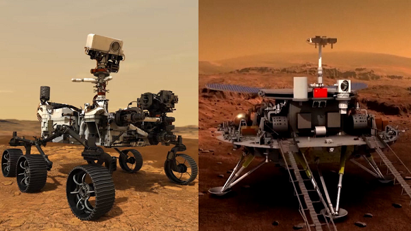 Trong khi đó, tàu đổ bộ và tàu thăm dò của Trung Quốc được bảo vệ trong tấm chắn nhiệt, lao vào bầu không khí mỏng manh của hành tinh đỏ. Khi đâm xuyên qua bầu khí quyển sao Hỏa, tấm chắn nhiệt rơi xuống và một chiếc dù bung ra để giảm tốc độ.