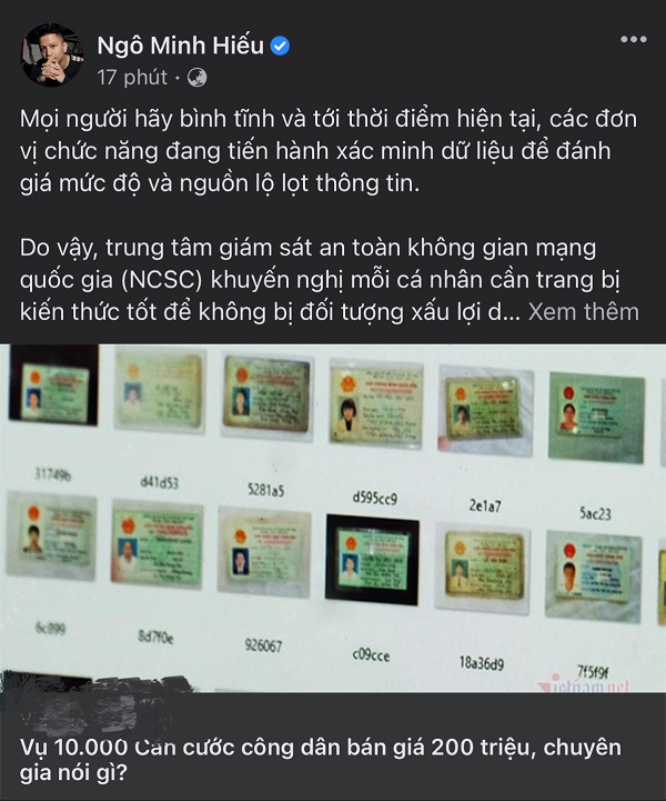 Mới đây, Hiếu PC đã có động thái mới nhất trên trang cá nhân của mình. Cụ thể, anh chàng trấn an người dùng không nên quá lo lắng vì các đơn vị chức năng đang tiến hành xác minh dữ liệu để đánh giá mức độ và nguồn lộ lọt thông tin.