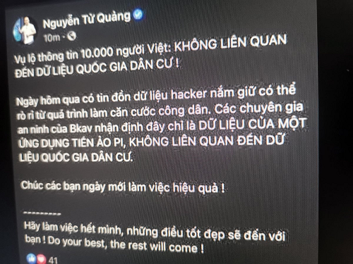 Liên quan đến vụ 17 GB dữ liệu thông tin cá nhân của người Việt Nam bị rao bán với giá 9.000 USD, CEO Bkav được cho đã có chia sẻ gây phản ứng trái chiều trên trang cá nhân của mình.