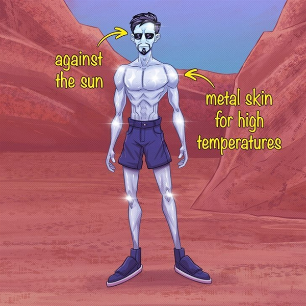 Vì vậy để sống ở sao Thủy, cơ thể của chúng ta phải được làm bằng thứ gì đó tương tự kim loại chịu lửa giống như titan chẳng hạn. Không cần hệ thống hô hấp, vì vậy con người sẽ không có mũi. Và đôi mắt sẽ giống như một chiếc kính râm dày để bảo vệ chúng khỏi ánh sáng của Mặt trời.