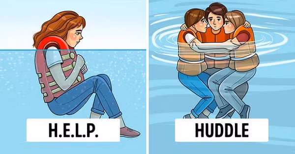 Nếu không may bị rơi xuống một vùng nước lạnh, hãy nâng cao khả năng sống sót của mình bằng cách khoanh tay trước ngực, co chân lên ngang bụng (nếu có áo phao). Đó là tư thế H.E.L.P (Heat Escape Lessening Postures - tạm dịch: tư thế hạn chế thoát nhiệt), nhằm ngăn không cho thân nhiệt bạn thoát ra quá nhiều trong lúc chờ đợi cứu hộ.