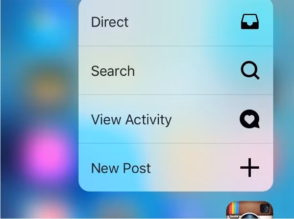 2. Bạn có thể kích hoạt một số tác vụ bên trong ứng dụng rất nhanh thông qua 3D Touch. Lấy thí dụ, nếu như muốn khởi tạo một post mới trong Instagram, bạn chỉ việc ấn và giữ chắc biểu tượng ứng dụng mà không cần phải mở hẳn Instagram ra, sau đó chọn "New Post".