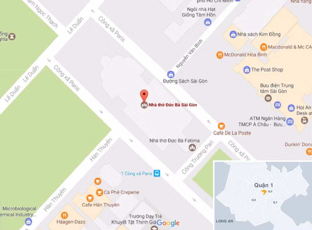Nhà thờ Đức Bà nằm ở số 1, Công xã Paris, phường Bến Nghé, quận 1, TP.HCM. Ảnh: Google Map.