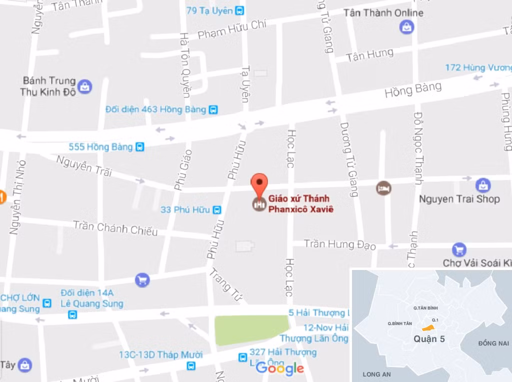 Nhà thờ Cha Tam nằm ở số 25, đường Học Lạc, phường 14, quận 5, TP.HCM. Ảnh: Google Map.