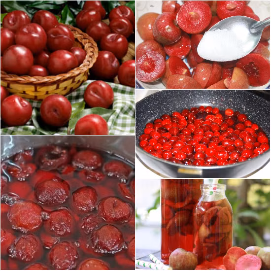 Để tránh mận bị váng bọt lên men, thay vì ngâm đường và mận sống bạn hãy đun đường trên bếp cho đến khi đường tan hết rồi thả mận vào đun sôi khoảng 10 phút thì tắt bếp gạn nước cốt để nguội bỏ ngăn mát. Quả mận để nguội tự khô, cất ngăn mát khi uống si rô có thể chế thêm quả vào. Ảnh: 7777 món ngon mỗi ngày.