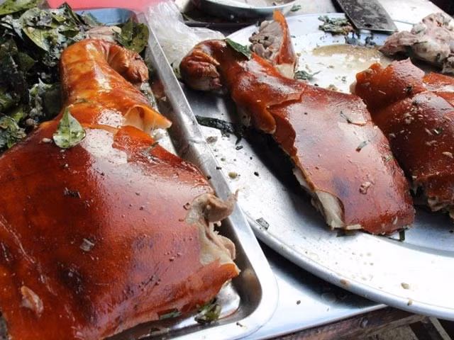 Khi chế biến món này người ta dùng nguyên con lợn sữa béo mầm sau đó ướp gia vị, nhồi các loại lá cây rừng vào bụng lợn rồi đem nướng vàng giòn bì trên than hoa. Ảnh: Dân Việt.