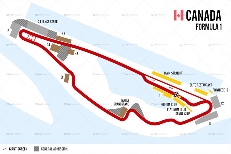 Đường đua Gilles Villeneuve, Canada. Đường đua được đặt trên hòn đảo nhân tạo Notre Dame ở giữa sông St Lawrence.