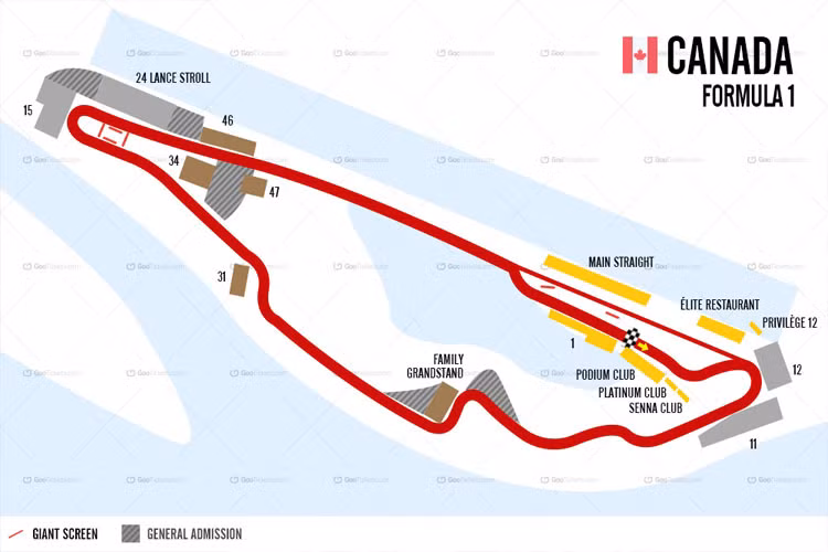 Đường đua Gilles Villeneuve, Canada. Đường đua được đặt trên hòn đảo nhân tạo Notre Dame ở giữa sông St Lawrence.