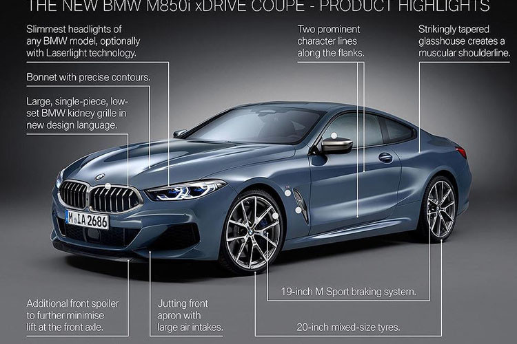 Mẫu 8 Series Coupe 2019 cũng góp mặt trong gian hàng BMW tại triển lãm Paris Motor Show 2018. Mẫu 8 Series mới là sự kết hợp giữa thế mạnh của xe thể thao hiệu suất cao với chất tinh hoa trong chế tạo xe sang của BMW và cũng rất tiện nghi thoải mái cho những hành trình đường dài. Là dòng coupe cao cấp nhất trong gia đình BMW, cạnh tranh với các đối thủ như Mercedes S-Class Coupe hay Lexus LC.