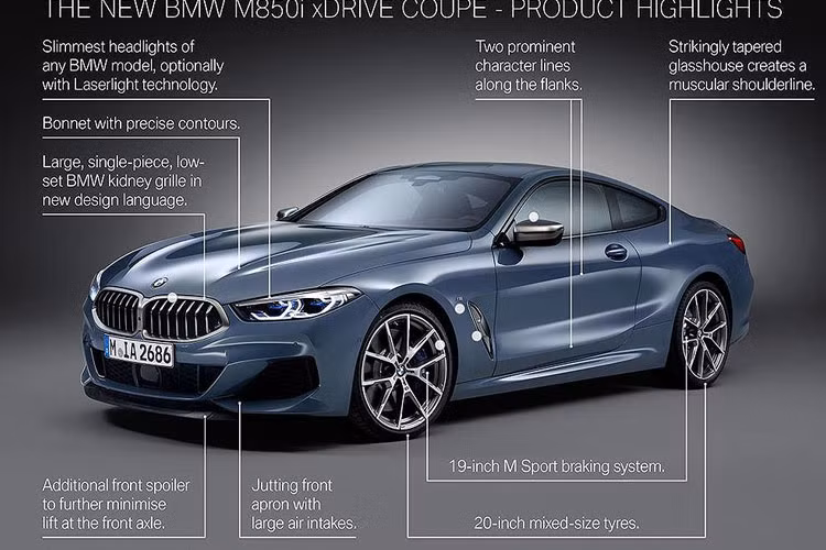 Mẫu 8 Series Coupe 2019 cũng góp mặt trong gian hàng BMW tại triển lãm Paris Motor Show 2018. Mẫu 8 Series mới là sự kết hợp giữa thế mạnh của xe thể thao hiệu suất cao với chất tinh hoa trong chế tạo xe sang của BMW và cũng rất tiện nghi thoải mái cho những hành trình đường dài. Là dòng coupe cao cấp nhất trong gia đình BMW, cạnh tranh với các đối thủ như Mercedes S-Class Coupe hay Lexus LC.