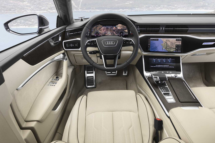Bên trong khoang ca-bin, nội thất của A7 Sportback 2019 sang trọng đi kèm với hệ thống buồng lái ảo Audi Virtual Cockpit hiện đại.