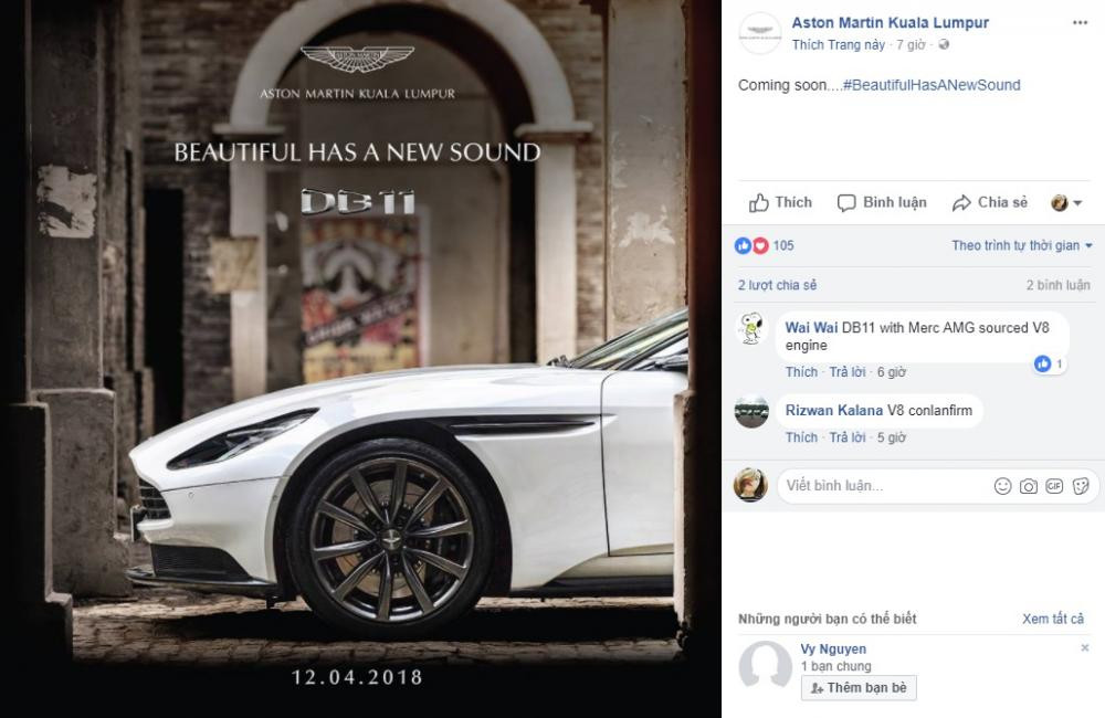 Fanpage của đại lý hãng siêu xe Aston Martin chính hãng ở thủ đô Kuala Lumpur, Malaysia cho biết, mẫu Aston Martin DB11 sẽ được giới thiệu tại thị trường này vào ngày 12/4 tới đây. Thông tin này khiến không ít người hào hứng.
