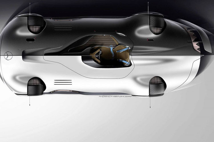 Tổng quát xe nhìn từ trên xuống. Mercedes EQ Silver Arrow được hãng xe sang Mercedes-Benz trang bị chủ yếu sử dụng chất liệu sợi carbon siêu nhẹ, siêu bền.