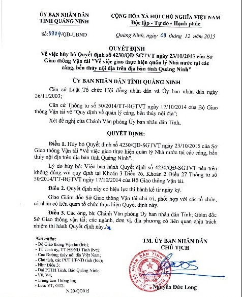 Mot cang 2 DV quan ly: Quang Ninh huy quyet dinh cua So GTVT