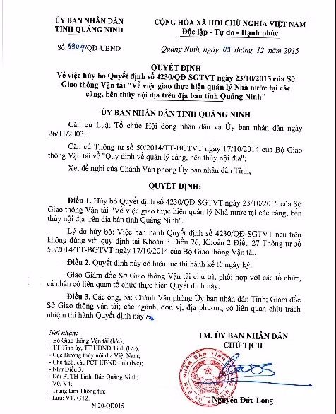 Mot cang 2 DV quan ly: Quang Ninh huy quyet dinh cua So GTVT