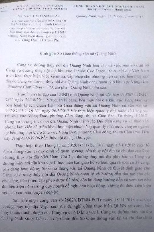 Cảng vụ đường thủy nội địa Quảng Ninh (thuộc Sở GTVT tỉnh Quảng Ninh) ra văn bản báo cáo tình trạng quản lý chồng chéo tại cảng, bến khu vực Cẩm Đông, Cẩm Phả, Quảng Ninh.