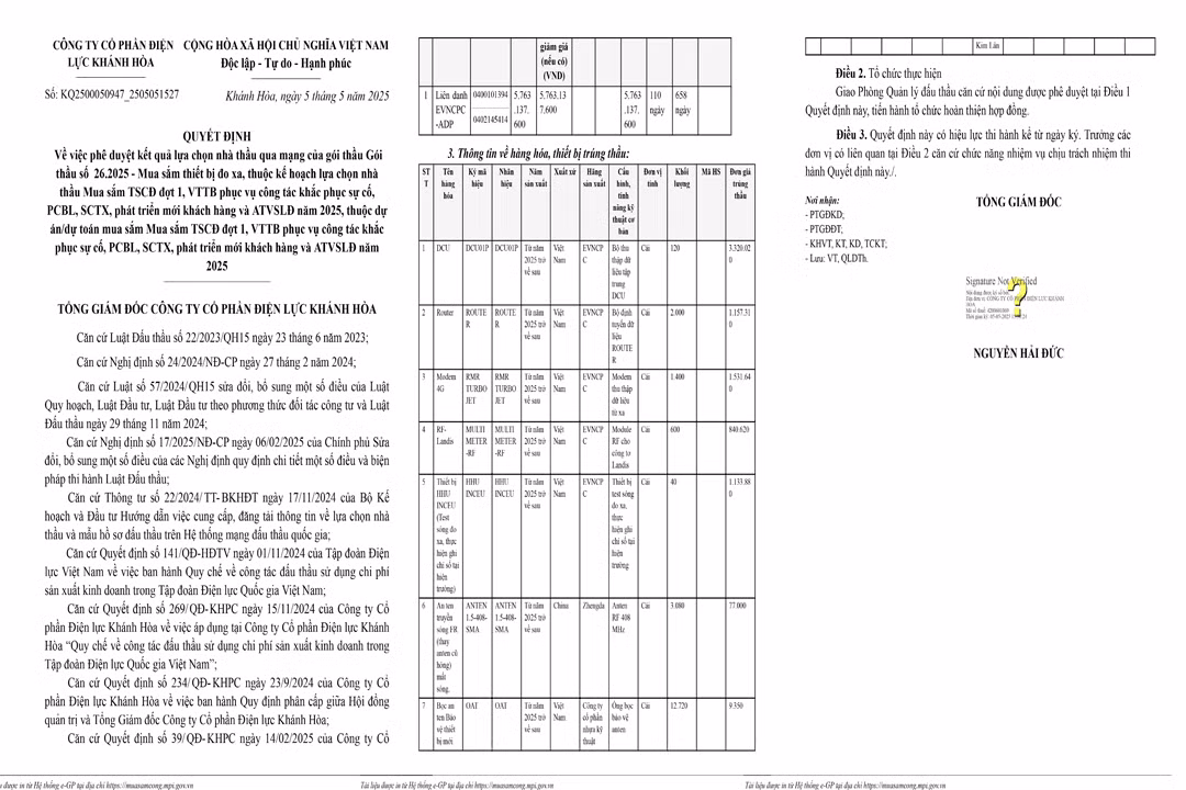 Dien luc Khanh Hoa: Duy nhat Lien danh EVNCPC-ADP du goi thiet bi gan 6 ty