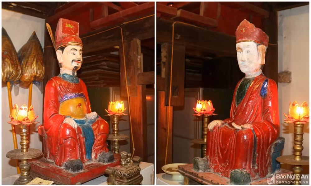 Tại chùa Xuân Long còn thờ 1 cặp tượng được an vị đối xứng nhau qua bàn thờ giữa chính điện, đó là tượng đức ông và tượng đức bà. Hai pho tượng này được tạo tác theo kiểu dáng ngồi nhìn ra, tay để trên đùi. Khuôn mặt tượng đức ông có chút hài hước, còn khuôn mặt đức bà là những nét chấm phá phác thảo, góc cạnh. Ảnh: Huy Thư