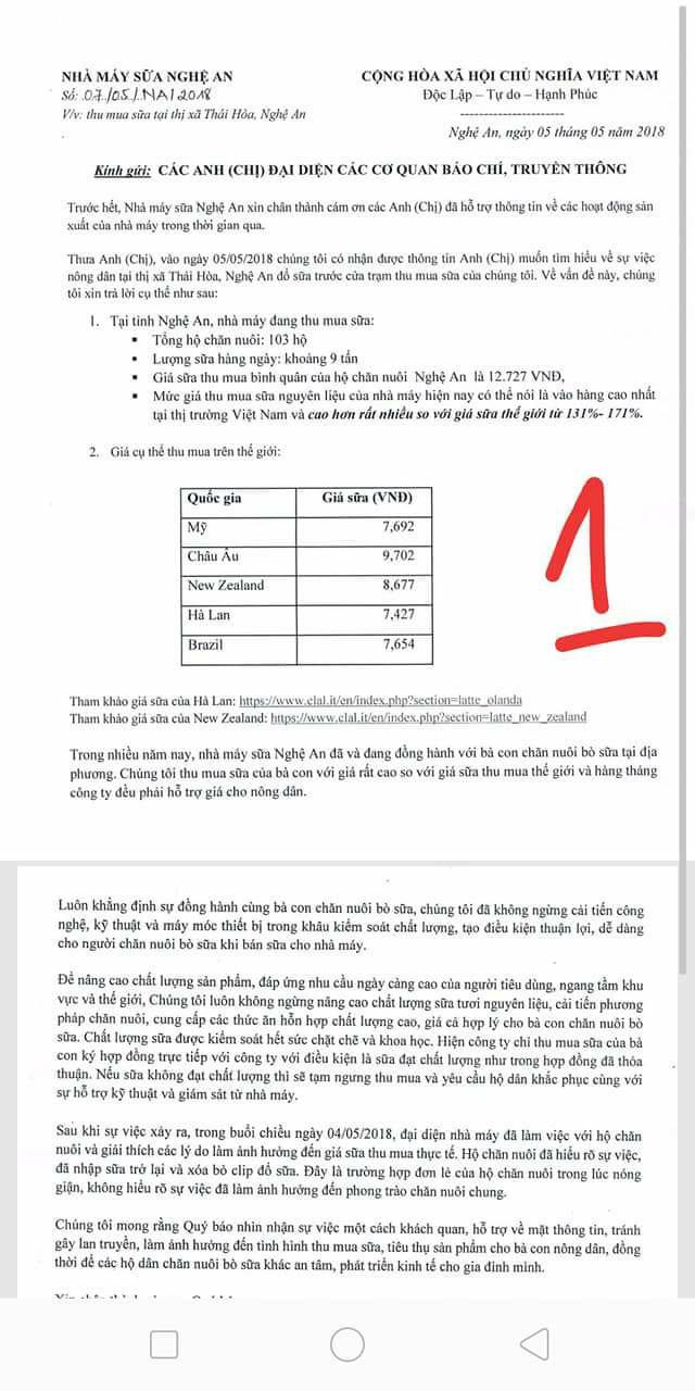 Văn bản trình bày nội dung và nguyên nhân vụ việc của Vinamilk.