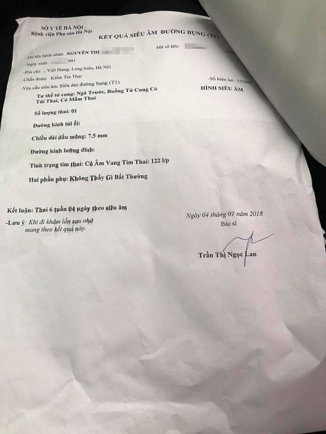 Kết quả siêu âm thai của chị M. ở bệnh viện Phụ sản Hà Nội. Bác sĩ kết luận thai bình thường.