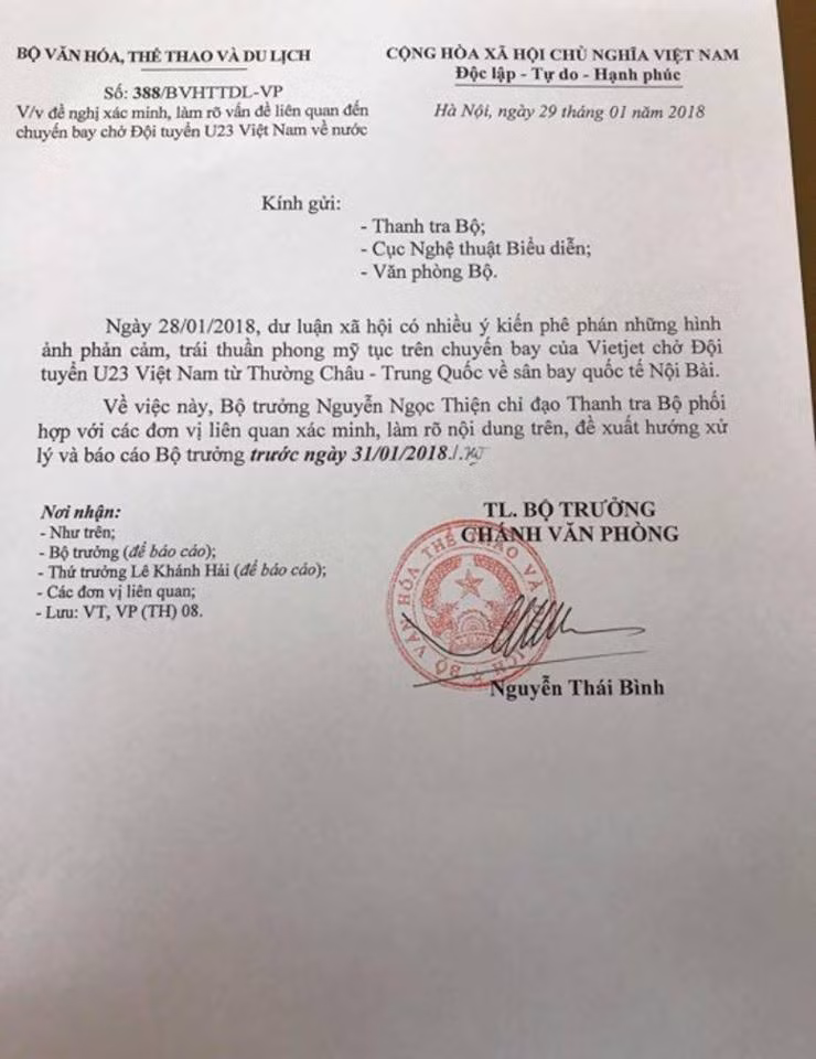 Công văn của Bộ Văn hóa Thể thao và Du lịch yêu cầu làm rõ vụ việc.