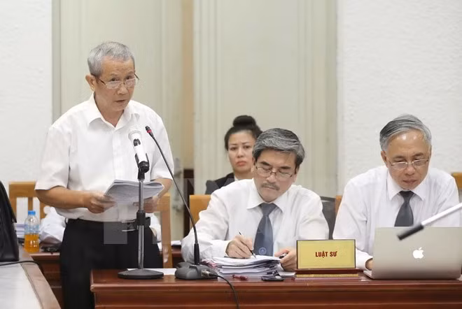 Luật sư Đào Hữu Đăng (đứng, bào chữa cho bị cáo Đinh La Thăng). Ảnh: TTXVN.