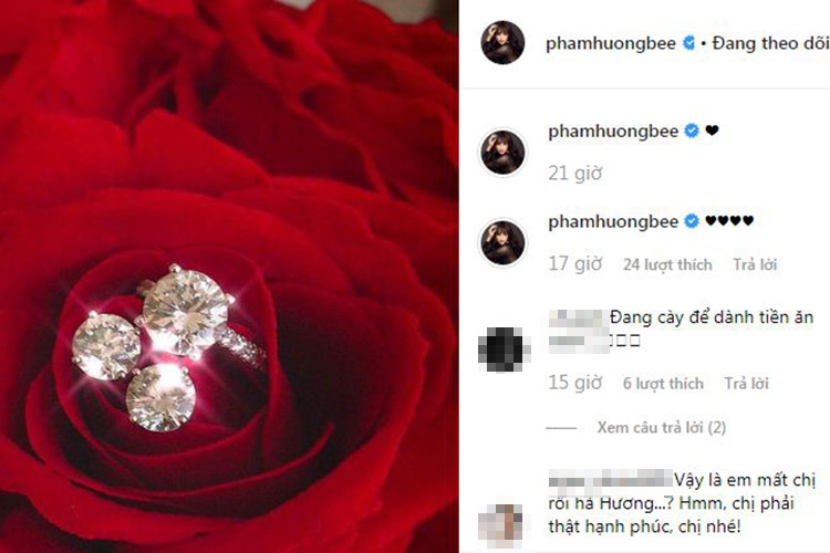 Trên trang cá nhân, Phạm Hương vừa đăng tải hình ảnh bộ trang sức kim cương gồm nhẫn và đôi bông tai khiến fan đặt nghi vấn cô sắp lên xe hoa.