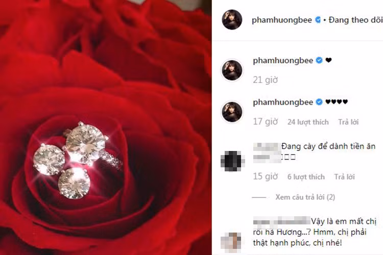 Trên trang cá nhân, Phạm Hương vừa đăng tải hình ảnh bộ trang sức kim cương gồm nhẫn và đôi bông tai khiến fan đặt nghi vấn cô sắp lên xe hoa.