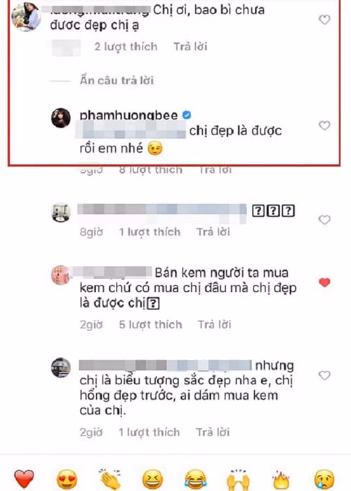 Cách đây không lâu, khi một cư dân mạng góp ý sản phẩm của Phạm Hương có bao bì chưa được đẹp, Phạm Hương bất ngờ đáp trả: "Chị đẹp là được rồi em nhé". Không ít cư dân mạng cho rằng Phạm Hương đang tỏ ra kiêu căng.