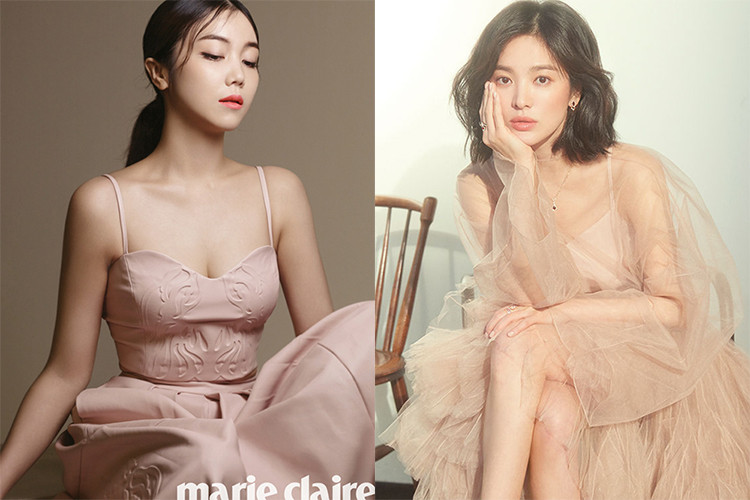 Kim Ok Bin là bạn diễn của Song Joong Ki trong bộ phim đang quay "Asadal Chronicles". So với Song Hye Kyo, Kim Ok Bin dường như thua xa về độ nổi tiếng và nhan sắc. Ảnh: Marie Claire