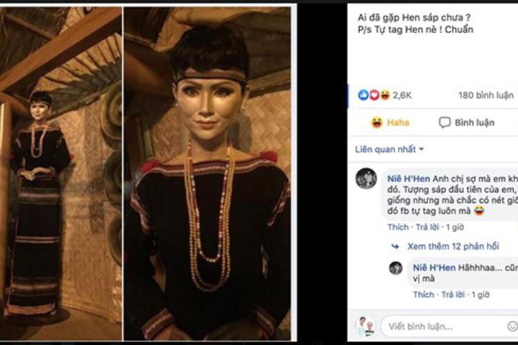 Trước những ý kiến trái chiều về bức tượng, H’hen Niê lên tiếng: “Tượng sáp đầu tiên của em, tuy khó giống nhưng mà chắc có nét giống lắm đó Facebook tự tag luôn mà”. Ảnh: Saostar