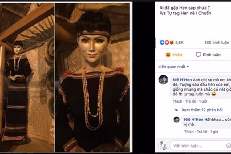 Trước những ý kiến trái chiều về bức tượng, H’hen Niê lên tiếng: “Tượng sáp đầu tiên của em, tuy khó giống nhưng mà chắc có nét giống lắm đó Facebook tự tag luôn mà”. Ảnh: Saostar