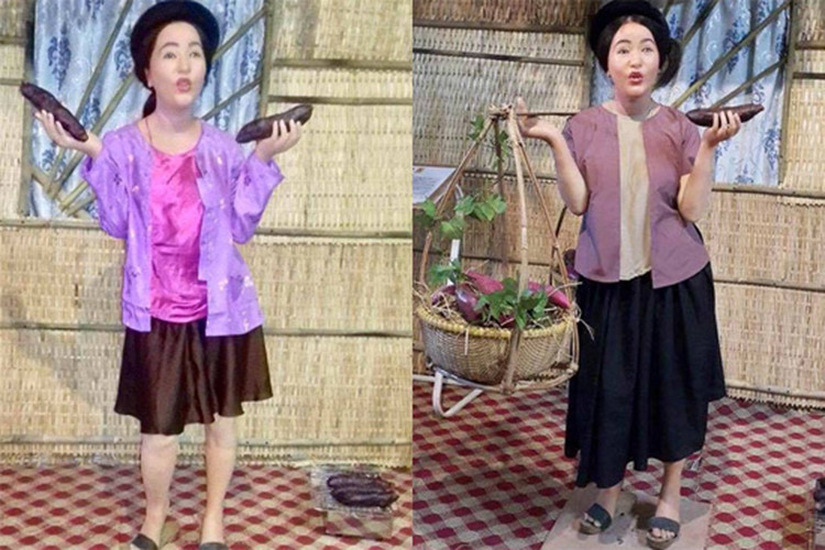 Nữ danh hài rất ưng ý khâu nặn tượng nhưng không hài lòng về trang phục, phụ kiện. Theo yêu cầu của Thúy Nga, ban tổ chức chỉnh lại tóc tai, quần áo. Ảnh: Dân Việt