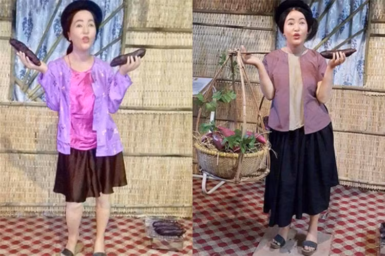 Nữ danh hài rất ưng ý khâu nặn tượng nhưng không hài lòng về trang phục, phụ kiện. Theo yêu cầu của Thúy Nga, ban tổ chức chỉnh lại tóc tai, quần áo. Ảnh: Dân Việt