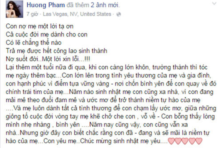 Phạm Hương từng xúc động cho biết cô nợ mẹ rất nhiều và không thể nào trả hết được. Đối với người đẹp gốc Hải Phòng, điểm tựa cũng như là nơi chốn bình yên để cô trở về chính là trái tim của mẹ.